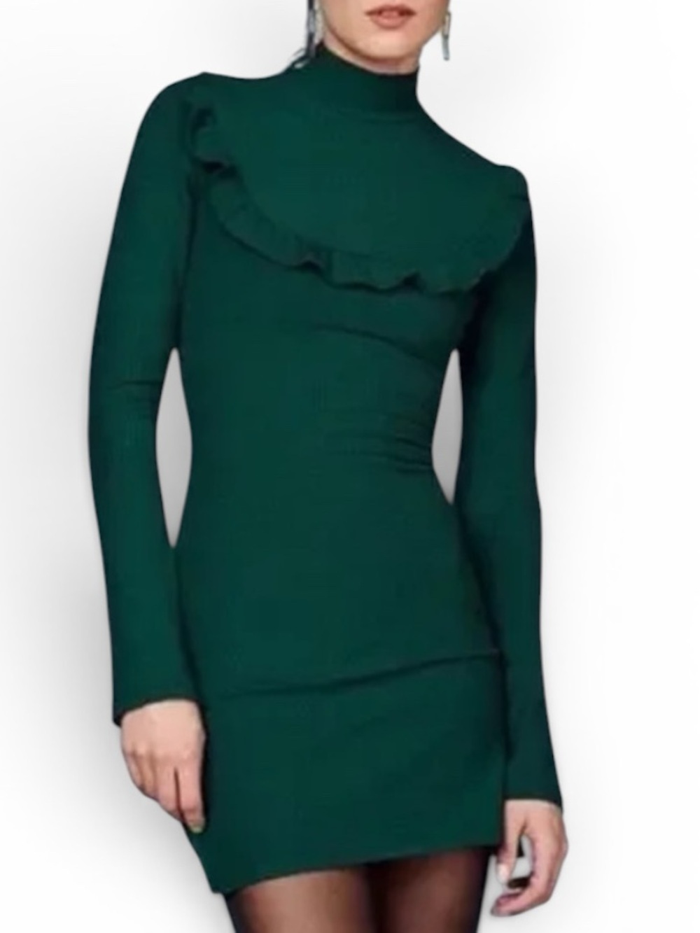 Reformation Green Ribbed Mock Neck Long Sleeve Mini Dress
